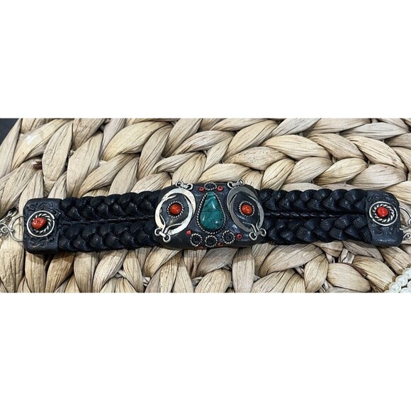 VTG Braided Leather Stainless Silver Malachite Coral Owl Bracelet Bird Lovers - Picture 5 of 9